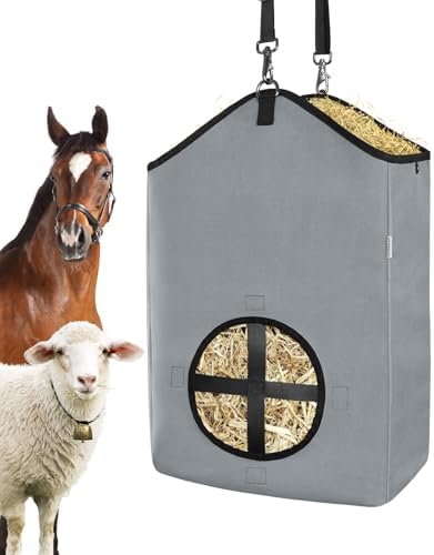 Hay Bags,Slow Feed Hay Bags for Horses,Goats,Donkeys with Reinforced Oxford Fabric and High Strength Metal Clasp,Horse Feeding Supplies with Strap for Easy Hanging (1 Grey)