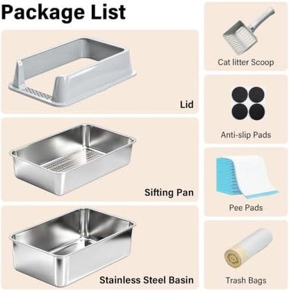 Stainless Steel Litter Box with Lid,XL Sifting Litter Box for Pine Pellets