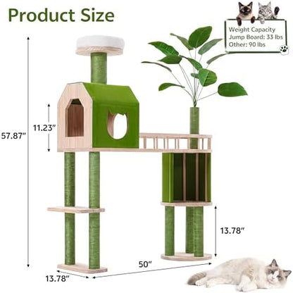 Wood Cat Tower for Self-Cleaning Litter Box, with Faux Plant, 58In