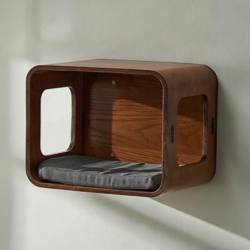 Space-Saving Wall-Mounted Cat Box | Feline Perch Bed, snug, for Small Apartments, Living Room, Cats, Walnut