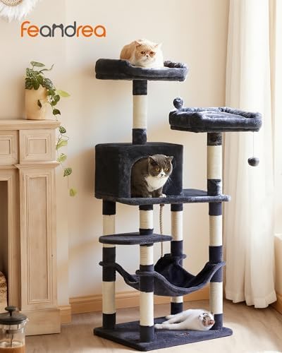 Feandrea Cat Tree, 55.8-Inch Large Cat Tower, Multi-Level Condo, Smoky Gray