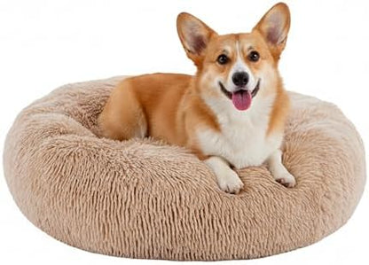 Soft Round Dog & Cat Bed, Anti-Anxiety Donut Cuddler with Anti-Slip Bottom Cozy Fluffy Pet Bed for Medium Large Dogs and Cats, 30inch, Brown