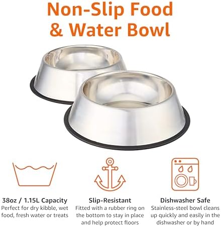 Amazon Basics Stainless Steel Non-Skid Dog Water And Food Bowls, Dishwasher Safe, Rust Resistant, 38oz Capacity, 10 x 2.8 Inches, 2-Pack