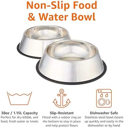 Amazon Basics Stainless Steel Non-Skid Dog Water And Food Bowls, Dishwasher Safe, Rust Resistant, 38oz Capacity, 10 x 2.8 Inches, 2-Pack
