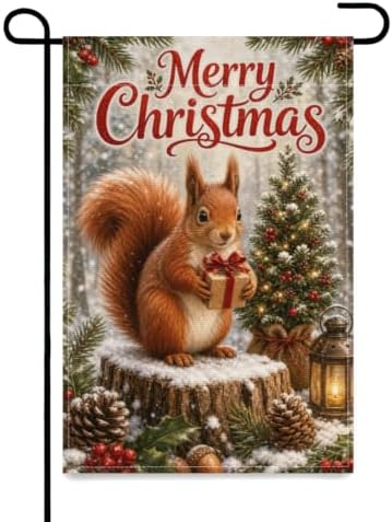 Christmas Squirrel Garden Flag 12x18 Inch Merry Holiday Gift Tree Lantern Pinecone Holly Snowy Woodland Rustic Outdoor Yard Lawn Porch Double Sided Banner Farmhouse Welcome Decor
