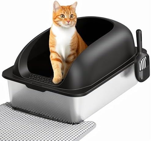 OLIXIS Stainless Steel Large Cat Litter Box with Lid, High Wall Sides