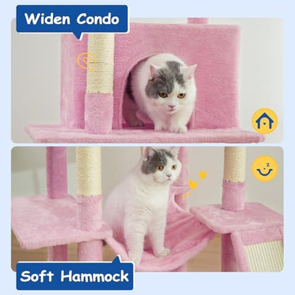 Cat Craft Cat Tree 63 Inch Cat Tower for Indoor Cats, Multi-Level Cat Tree for Large Cats 20 lbs+ Heavy Duty Cat Tower with Sisal Scratching Posts, Hammock, Condo and Extended Platform, Pink