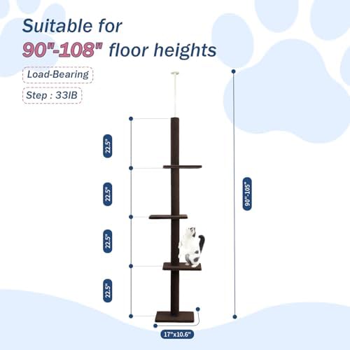 Cat Craft Cat Tree Floor to Ceiling 95-108" Tall Cat Tree Carpet Cat Tower Kitten Tree Sisal Scratching Post and Mat Cat Pole for Indoor Cats, Dark Brown, 4-Tier