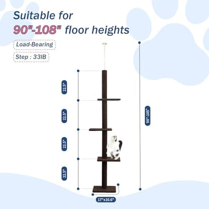 Cat Craft Cat Tree Floor to Ceiling 95-108" Tall Cat Tree Carpet Cat Tower Kitten Tree Sisal Scratching Post and Mat Cat Pole for Indoor Cats, Dark Brown, 4-Tier