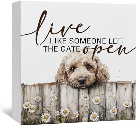 Goldendoodle Wooden Box Sign, Rustic Farmhouse Live Like Someone Left the Gate Open Signs for Home Decor,Farm Dog Office Kitchen Bedroom Decor,Goldendoodle Gifts for Kids Women Men,8x8