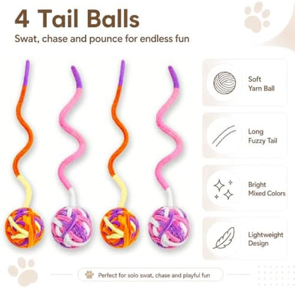 Cat Toys for Indoor Cats, 4 Yarn Balls with Tails & 12 Colorful Springs