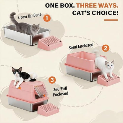 Stainless Steel Litter Box with Lid, Extra Large Enclosed Cat Litter Pan for Big Cats, High Sided Metal Litter Box with Enclosure, Front & Top Entry, Easy Clean, Anti-Leakage, Includes Scoop, Pink