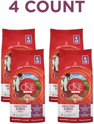 Purina ONE Plus Healthy Puppy Formula High Protein Natural Dry Puppy Food with Added Vitamins, Minerals and nutrients - (Pack of 4) 4 lb. Bags