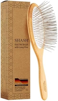 Since 1869 Hand Made In Germany - SHASH Oval Pet Brush With Long Metal Pins With Rubber Cushion - Helps Detangle Knots, Eliminate Frizz, Reduce Pulling & Snagging