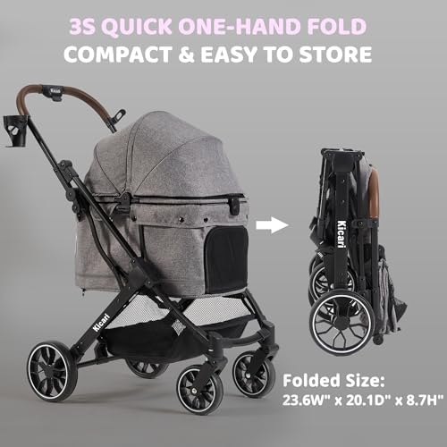 All-Terrain Dog Stroller for Small to Medium Dogs, Pet Stroller for Dogs & Cats Outdoor Walks, One-Hand Easy Fold, Double-Layer Anti-UV & Waterproof Canopy & Breathable Mesh, Charcoal Gray