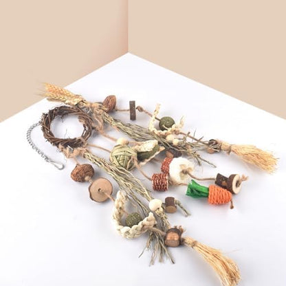 Bissap Bunny Chew Toy, Rabbit Cage Hanging Chewing Toy Treat Christmas Grapevine Wreaths Rattan Ring with Snack Water Grass for Guinea Pig Chinchilla Hamster Rat and Other Small Pet Teeth Grinding