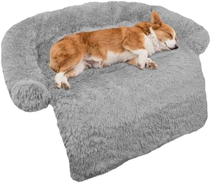 GGIB Calming Dog Bed Fluffy Plush Dog Mat for Furniture Protector with Removable Washable Cover for Large Medium Small Dogs and Cats (Medium, Grey)