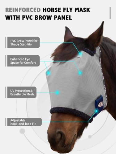 Harrison Howard Reinforced Horse Fly Mask with Mirror PVC Brow Support, Enhanced Eye Space, UV Protection Grey L
