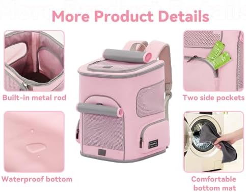 PETSFIT Pet Carrier Backpack with Upgraded Waist Protection, Cat Carrier Backpack Designed for Small Dogs/Cats, Fully Ventilated Collapsible Dog Backpack for Outdoor Traveling Hiking Camping, Pink
