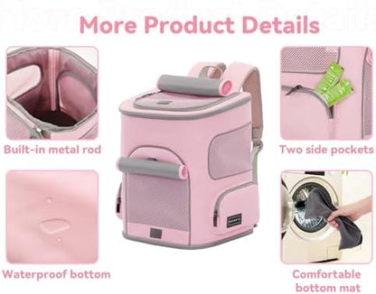 PETSFIT Pet Carrier Backpack with Upgraded Waist Protection, Cat Carrier Backpack Designed for Small Dogs/Cats, Fully Ventilated Collapsible Dog Backpack for Outdoor Traveling Hiking Camping, Pink