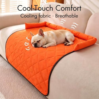 Cooling Dog Couch Bed with Head Support, Waterproof Sofa Cover, Orange, M