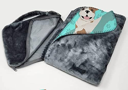 Caroline's Treasures MLM1014TBLT Piebald English Bulldog Soft Travel Blanket with Bag Airplane Blanket, Indoor Outdoor Camping Blanket for Traveling, Picnics, Beach Trips, Concerts
