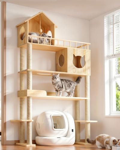 Wood Cat Tree for Automatic Litter Box, 5 Tier Cat Tower, 74 Inch