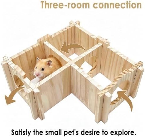 Wooden Hamster Hideout,Dwarf Hamster Hide House with Platform & Bowl & Ladder,Small Hamsters Maze Hut Hides Habitats Decor Cage Accessories for Gerbils,Mice,Mouse