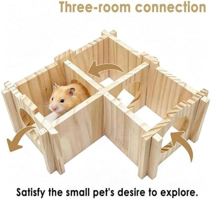 Wooden Hamster Hideout,Dwarf Hamster Hide House with Platform & Bowl & Ladder,Small Hamsters Maze Hut Hides Habitats Decor Cage Accessories for Gerbils,Mice,Mouse