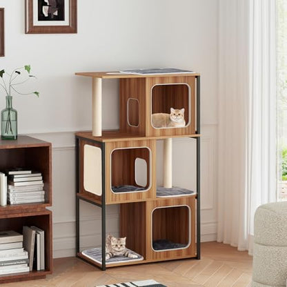 PETSITE 52-inch Wood Cat Tree for Indoor Cats, Multi-Level Solid Metal Framed Wooden Cat Tower with Sisal Scratching Posts and Pad, 3 Condos, and Top Platform with Cat Hole