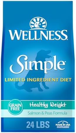 Wellness Simple Limited Ingredient Healthy Weight Adult Dry Dog Food, Grain Free Kibble, Sensitive Stomach, Skin & Coat Support, Natural, Chicken Free, Salmon and Peas Recipe, 24 lb Bag