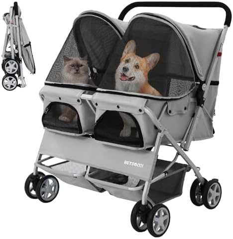 Double Pet Stroller for 2 Small Dogs & Cats, Side-by-Side Twin Travel Carriage with Safety Leashes, Mesh Windows & Double Storage Baskets, Lightweight & Foldable, 44lbs Capacity, Gray