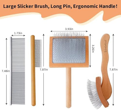 Slicker Brush for Long Haired Dogs, Wooden Ergonomic Handle