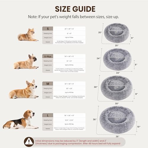 Donut Dog Bed Medium Size Dog 36 Inch, Round Cat Beds for Small Medium Dogs and Cats with Washable Fluffy Faux Fur, Cute Comfort Pet Bed with Anti-Slip Bottom, Grey