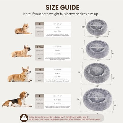Donut Dog Bed Medium Size Dog, Round Cat Beds for Small Medium Dogs and Cats with Washable Fluffy Faux Fur, Cute Comfort Pet Bed with Anti-Slip Bottom, Grey, 24"