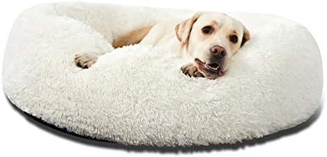 HACHIKITTY Calming Donut Cuddler Dog Bed, Round Fluffy Pet Bed for Large Dogs,Washable, Large, White, 30''
