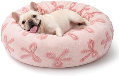 JOEJOY Jacquard Donut Round Small Dog Beds,Pink 23x23x8in, Removable Washable Cover, Cute Pattern, Ultra Soft Fluffy Calming Pet Bed with Thick Supportive Bolster