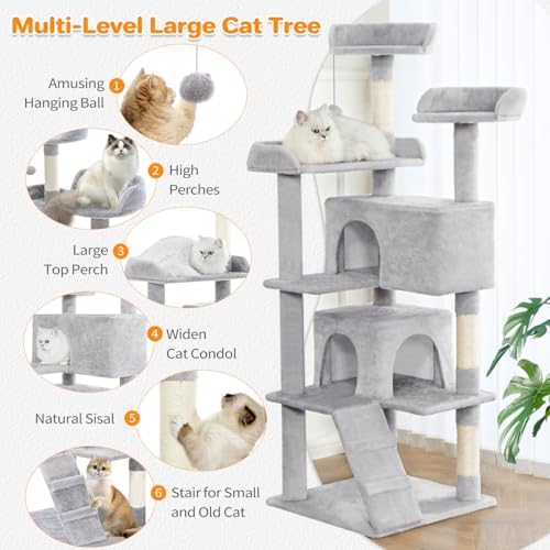 Made4Pets Cat Tree 54in Cat Tower for Indoor Cats Kitten Tree Multi-Level Cat Tree with 2 Condo Furniture Activity Center with Scratching Posts Funny Toys Kittens Pet Play House, Light Grey