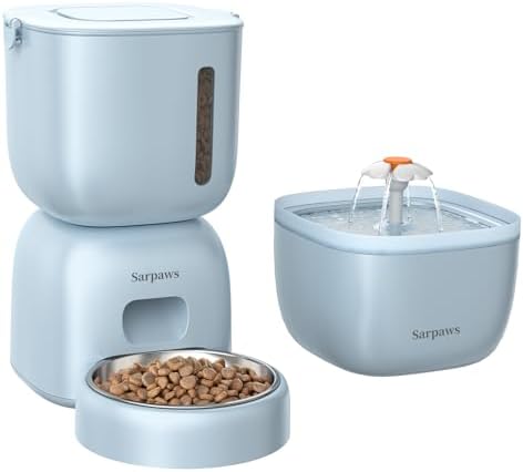 Automatic Cat Feeder and Water Dispenser FW1, Wire or Battery Cat Food Dispenser Timer Pet Feeder - Locking Lid, Desiccant Bag, Programmable Portion Control, 4 Daily Meals, 10s Voice Recorder-Blue