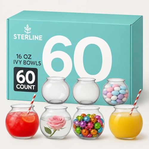 60 Pack Clear Plastic Ivy Bowls – 16 oz Reusable Mini Fishbowls for Candy, Crafts, Cocktails, Decor & More – Food Safe, BPA-Free, Unbreakable – Perfect for Events, Weddings & Parties