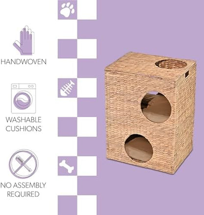 CHS1000A Jaxon 18" Modern Classic 2-Tier Handwoven Hyacinth Rectangular 5-Hole Cat Condo with 2 Machine-Washable Cushions, Natural