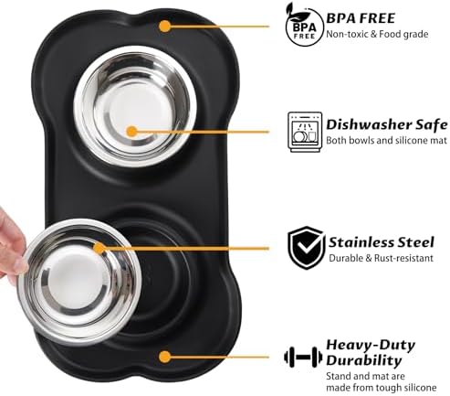 Hubulk Pet Dog Bowls 2 Stainless Steel Dog Bowl with No Spill Non-Skid Silicone Mat + Pet Food Scoop Water and Food Feeder Bowls for Feeding Small Medium Large Dogs Cats Puppies (Extra Large, Black)