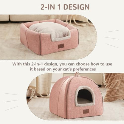 Cat Beds for Indoor Cats, 2-in-1 Cat Bed Cave with Anti-Slip Bottom, Cozy Cats House Tent Suitable for All Seasons, for Small & Medium-Sized Pets Pink(M:15X15X15Inch)