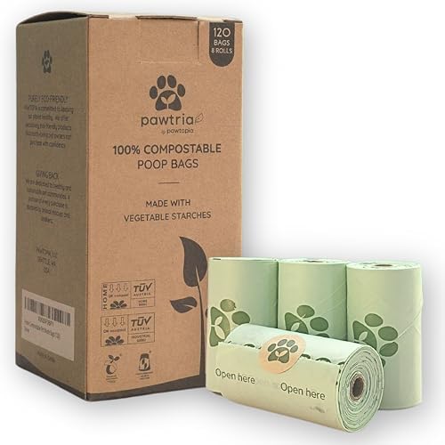 Pawtria Home Compostable Dog Poop Bag Rolls, 120 Bags, 8 Rolls