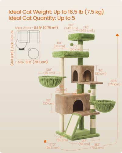 Feandrea Cat Tree, 68.5-in Tall Cat Tower, Multi-Level Condo, Green
