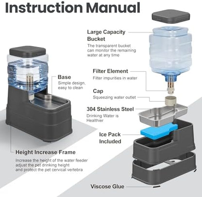 Automatic Cat Water Dispenser Gravity Stainless Steel Water Feeder Dog Waterer Feeder with Wide Mouth Bowl for Small Medium Dog Puppy Kitten (Filter &Ice Pack Included) 1Gallon Gray