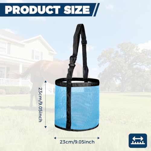 2Pcs Horse Feed Bag for Grain, Heavy Duty Mesh Grain Feeder with Adjustable Strap and Waterproof Bottom, Comfortable Neck Pad Horse Muzzle Feed Bag, Blue