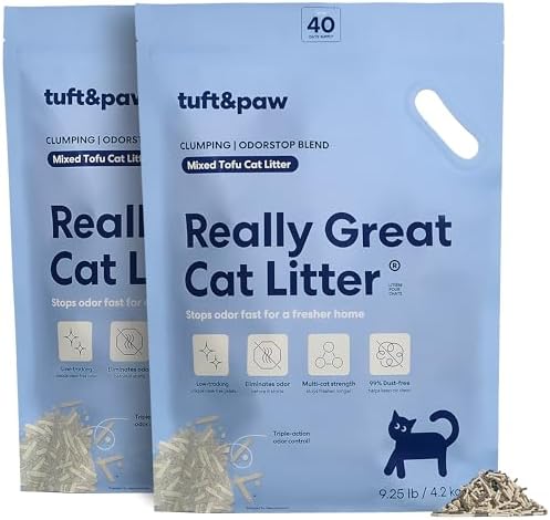 Tuft & Paw Really Great Cat Litter OdorStop, Low Tracking Mixed Tofu Cat Litter, Clumping, Multi-cat, Odor Control, Dust-Free - 9.25lbs x 2Bags (OdorStop)