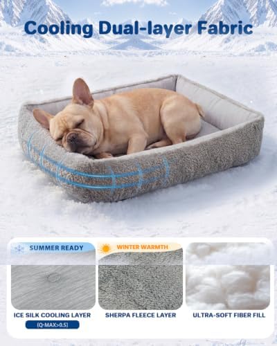 Cooling Dog Bed for Small Medium Dogs - Reversible Design (Ice‑Silk Cooling Layer | Sherpa Fleece Layer), Washable Cooling Mat for Dogs, Cats, Crates 24" × 15"
