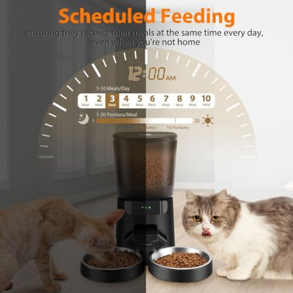 Automatic Cat Feeders WiFi for Two Cats, 5L/20 Cups Double Automatic Cat Food Dispenser with APP Control, 2 Stainless Bowls, Timer Setting 20 Portions 10 Meals Per Day